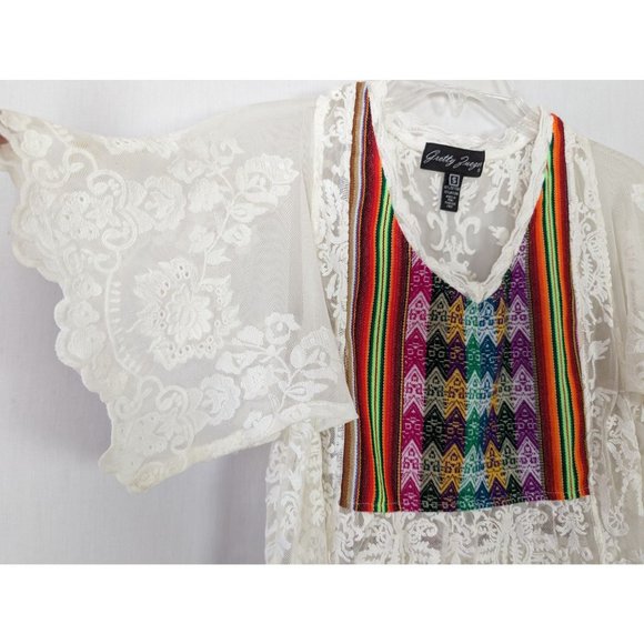 Gretty Zueger Tunic womens Sz S White Bohemian Southwest Lace Sheer colorful - Picture 4 of 9